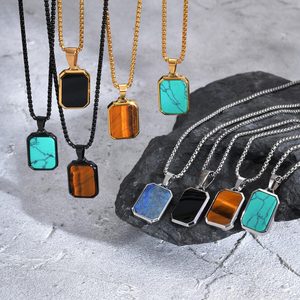 Bán buôn 316L thép không gỉ hình học hình chữ nhật mặt dây chuyền vòng cổ turquoise Tiger Eye Lapis Lazuli Thiết kế thời trang cho nam giới - Product Image 1