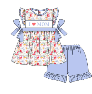 Ropa de verano para niños y niñas al por mayor, ropa floral para niños pequeños I love mom, traje para Hermanos, vestido para niños, ropa de verano fruncida - Product Image 2