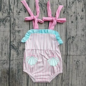 SR4127 CUSTOM Conjunto de pelele sin mangas para bebé niña, con bordado de rayas rosas, venta al por mayor para niños - Product Image 1