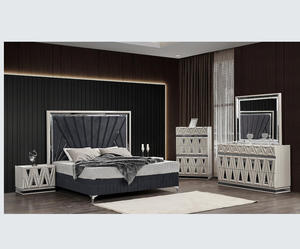 Modern Design 5-Piece Queen Bedroom Set with Convertible Adjustable Bed Wood <b>Frame</b> Gold Accents River Sand <b>Grey</b> for Hotel Use - Product Image 1