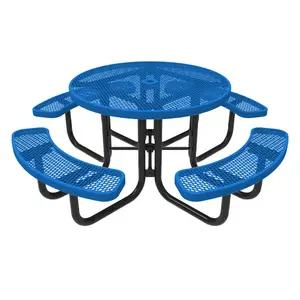 طاولة رحلات تجارية من الفولاذ الحراري في الهواء الطلق ، أثاث خارجي دائري للمطعم مع مظلة