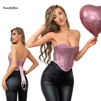Corset Bustier Sculptant à Lacets au Dos, Effet Gainant, Grande Taille S-XXL, Rose Vintage, Paillettes Rigides, Crop Top, Tenue de Danse