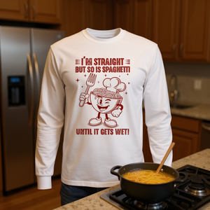 Camiseta de manga larga con diseño gráfico divertido de comida: Soy hetero, pero el espagueti también lo es hasta que se moja. Prenda unisex para adultos. - Product Image 3