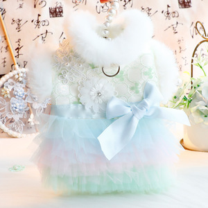 <b>Pet</b> Princess Lace Dress With Fur <b>Collar</b> And Bow For Small Dogs Winter Autumn Cotton Padded Clothes Green And Pink - Product Image 1