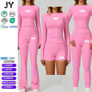 Ensemble de yoga personnalisé JY pour femmes : haut court à manches longues et leggings taille haute, coupe ajustée, anti-<span class=keywords><strong>transpiration</strong></span>, pour la gym, la course et le fitness, vente en gros OEM - Product Image 1