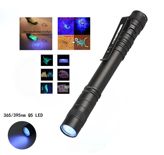 365nm 3W LED UV Penlight Mini Flashlight with Clip Function Camping Use AAA Battery IP55 Waterproof Pet Urine Detection