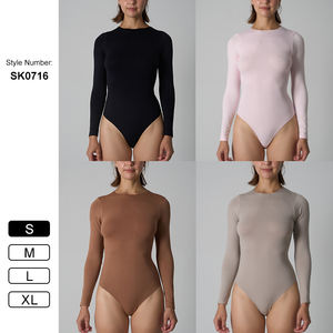 SK0716 レディース 長袖 二重裏地 Tバック シームレス スリムフィット ソフト お腹引き締め クルーネック ストレッチ フィットネス ボディスーツ - Product Image 6
