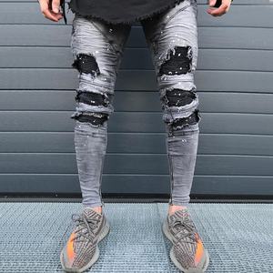 Pantalones vaqueros elásticos personalizados para hombre, estilo motero, con efecto destruido, rasgados y reparados, ajustados, con parches a rayas y cremallera en el tobillo - Product Image 4