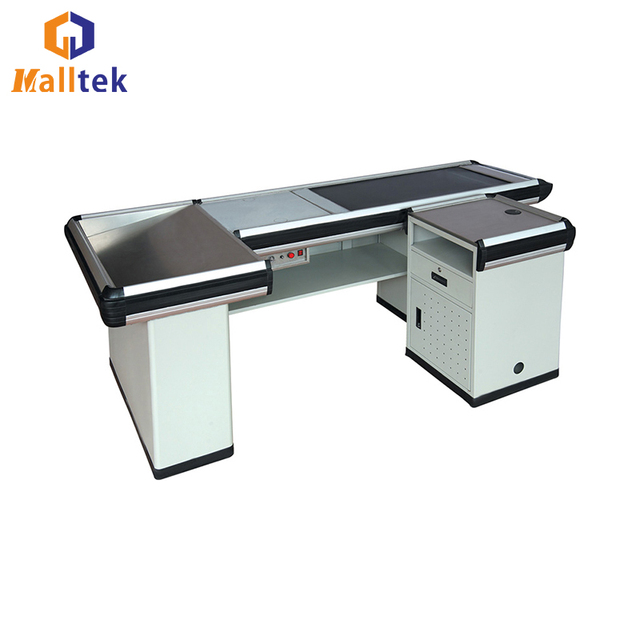 Commercial Retail Supermarket Electric Cashier Counter Checkout Counter With Conveyor Belt