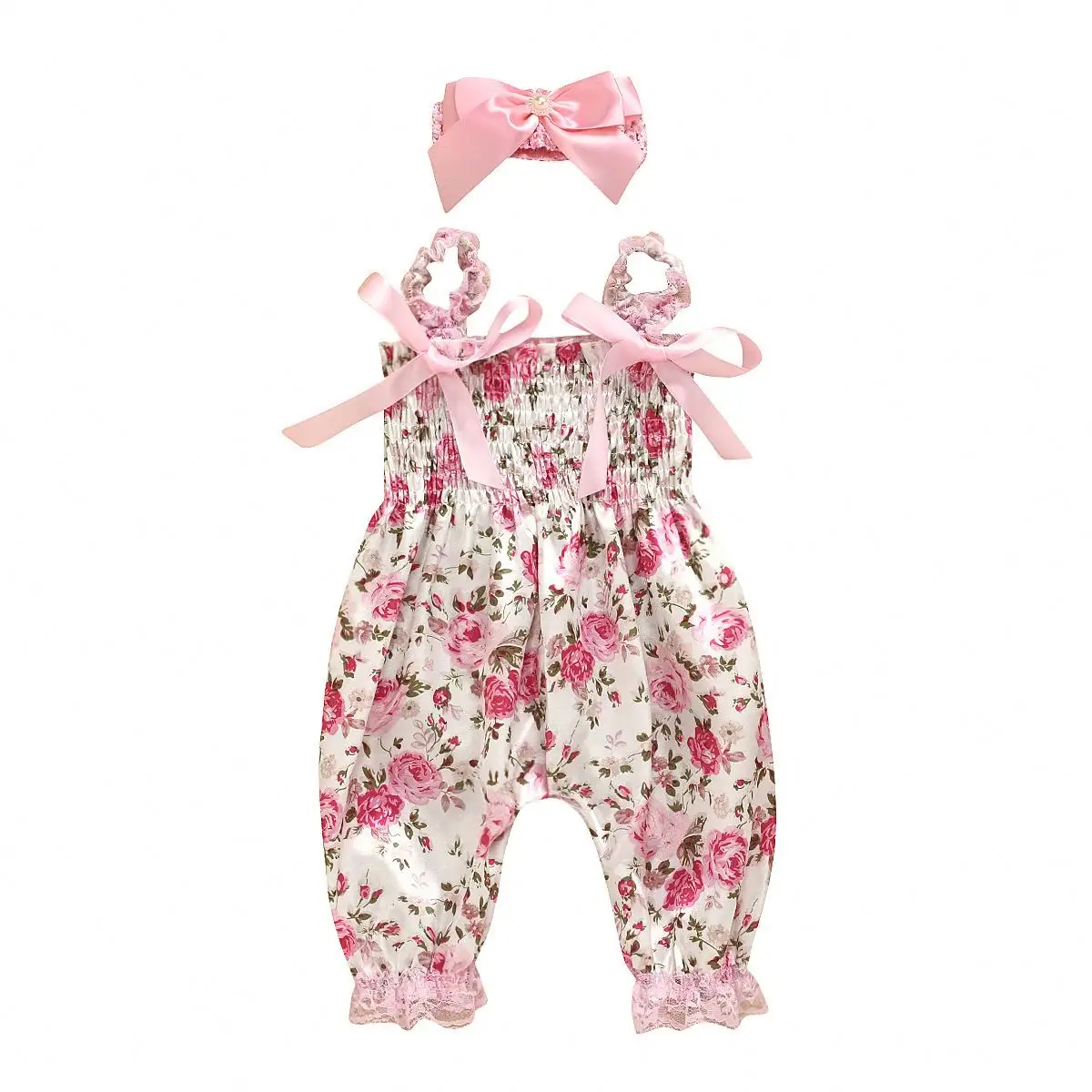 Grosir ikat kepala perempuan baju bayi motif bunga Jumpsuit tali baju memanjat panjang baju monyet bayi baru lahir kain anak perempuan
