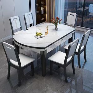 Modern Style Solid Wood Oak Durable <strong>Extendable</strong> Dining <strong>Table</strong> Marble Top Metal <strong>Legs</strong> Foldable Design 6-Seater Home Furniture - Product Image 2