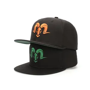 Oem Custom Men High Quality 6 Panel Black Cotton Hip Hop Flat Brim Adult 3D Embroidered Logo Green Underbrim Snapback Caps Hat