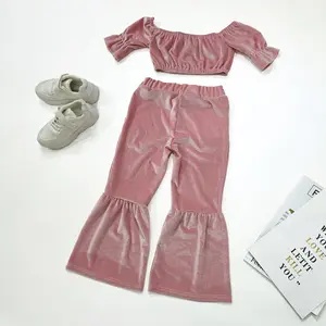 2022新品春夏丝绒2件套婴儿儿童女童时尚衬衫和喇叭裤套装休闲套装