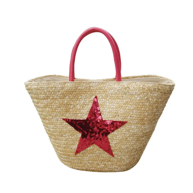 Natural Shining Sequin Red Star Design Straw Beach Bag Hand Woven Straw Beach Bag Women's Tote Bags For Summer Holiday