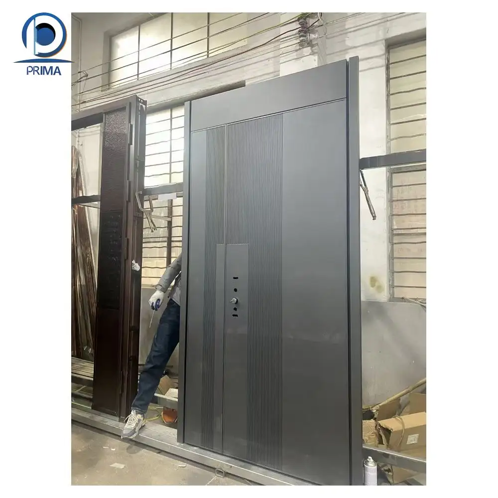 Prima Luxury Dark Grey Wood Textile Steel Security entry DoorCast porta in alluminio porta blindata in cina