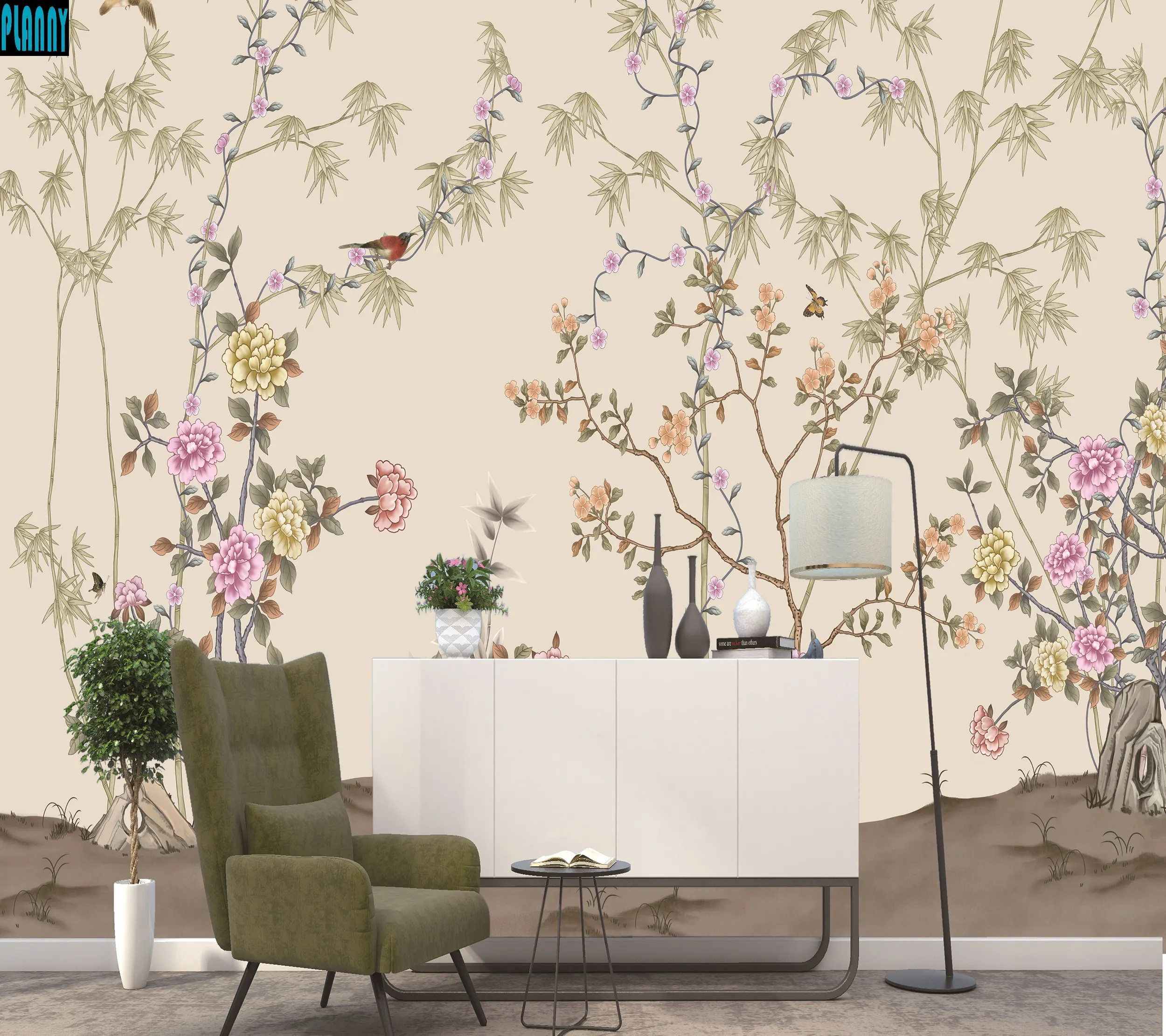 2022 New Design botanical flower bamboo with birds customized mural Chinese style vinyl wallpaper