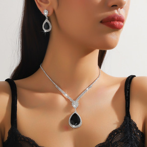 Iki parçalı moda takı takım sıcak satış mavi yeşil kırmızı su damlası kristal kolye küpe renkli düğün nişan - Product Image 3