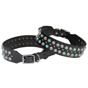 Collar de Cuero Genuino con Turquesas Incrustadas, Estilo Retro Occidental, Correa para Perros Medianos y Grandes - Product Image 1