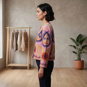 Chaqueta de Terciopelo Bordada con Diseño Suzani Rosa, Estilo Artesanal, para Mujer, con Motivos Florales Coloridos, Estilo Étnico Boho, Venta al Por Mayor - Product Image 6