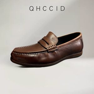 Mocasines Retro de Cuero Genuino Marrón para Hombre, Zapatos Casuales Sin Cordones, Tacón Bajo, Cómodos, Color Sólido, Diseño con Costuras - Product Image 2