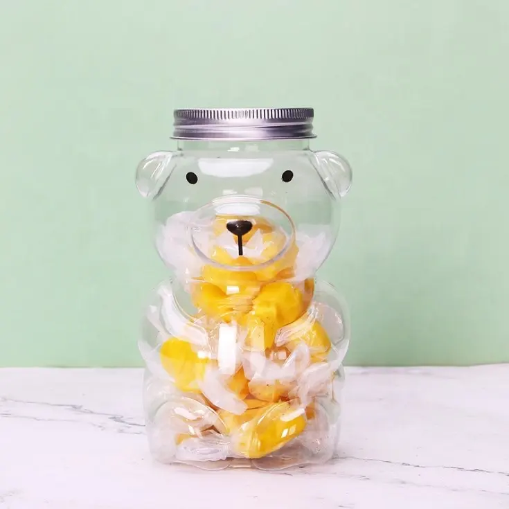 Food Grade PET plastic Bear Shape Baby Food Sugar Containers Bottle Christmas Candy Jar With Lid