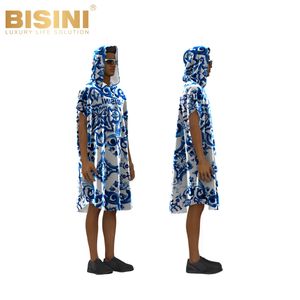 Peignoir de plage à capuche en tissu absorbant 2 en 1 avec motif en porcelaine bleue, logo personnalisé accepté pour les femmes - Product Image 6