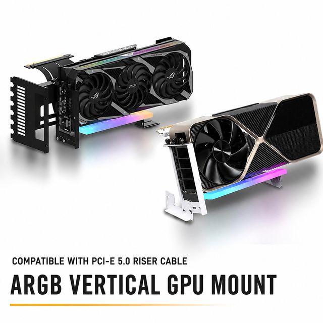 Black/White Vertical PCIe 5/4.0 GPU Mounting Bracket with Extension Cable, ITX, 90 Degree, Full Speed