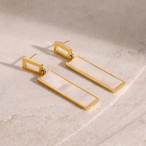 Geometric Pendant Earrings Gold Plated Mother Of Pearl Rectangular Drop Everyday Wear - Product Image 3
