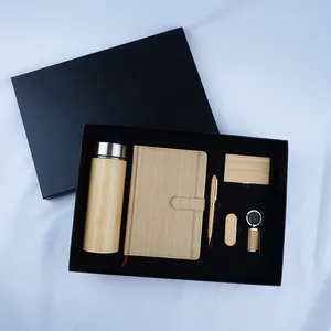 Corporate Business Gift Box Set Wooden Bamboo Luxury 7 in 1 Notebook LED Thermal Cup USB Name Card Key Chain New Product Ideas