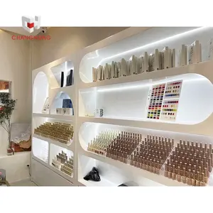 Salão prateleiras estante loja de beleza cosméticos display stand rack de madeira maquiagem cosméticos exposição loja design de interiores