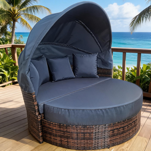 Fabricant professionnel : Lit de repos modulaire convertible en rotin rond avec auvent pour hôtels et complexes hôteliers commerciaux - Product Image 1