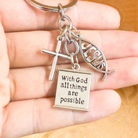 KC239 Porte-clés en alliage simple, géométrique et ajouré, avec pendentifs poisson, croix et bible, inspirant en anglais, style européen et américain, meilleure vente