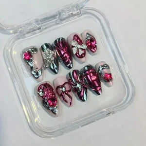 2025 estilo caliente 10 piezas hecho a mano francés almendra Y2K Spice Girl espejo mágico polvo diamante perla usable prensa en las <span class=keywords><strong>uñas</strong></span> - Product Image 2