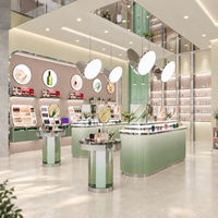 Vitrine de présentation cosmétique personnalisée complète avec étagères murales LED et comptoirs îlots pour un design moderne de magasin de beauté