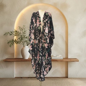 Summer Popular Floral Print Abaya Breathable Lightweight Chiffon Women Modest Classic Black <b>Cardigan</b> 1610# - Product Image 2