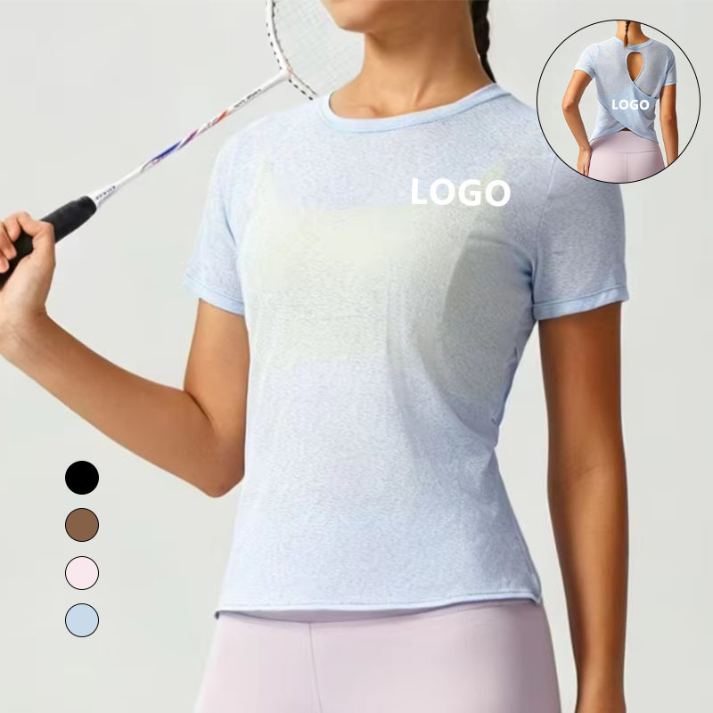 Custom Logo Naked Feeling Women Short Sleeve Yoga T-shirt Keyhole Open Back Gym Workout Top Fitness Activewear Clothing