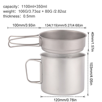 Ensemble de cuisine en titane ultraléger, pot de 1100 ml, poêle de 350 ml, poignées pliables, kit de cuisine pour le camping et les sports de plein air, compatible gaz
