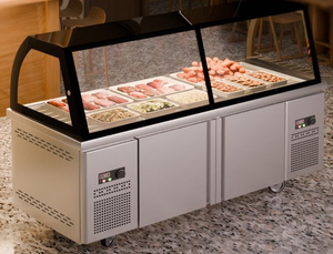 Vitrina Refrigerada Mecánica Comercial de Vidrio Curvo con Estantes Ajustables Digitales para Exhibición de Carne, Queso y Ensaladas - Product Image 5
