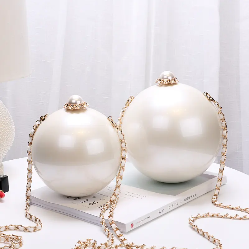 cream white acrylic evening bags round ball ladies shoulder handbags wedding purses women party bridal clutch with pearls chain