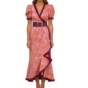 Abito lungo da donna con scollo a V e stampa floreale, stile bohémien-chic per le vacanze, con volant asimmetrici - Sehe Fashion - Product Image 3