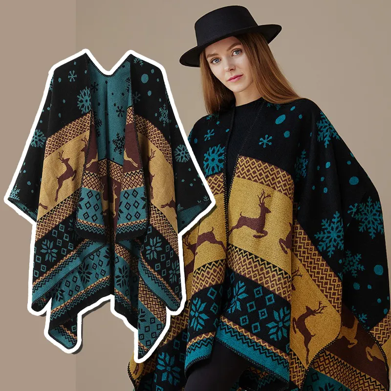 New ethnic style shawl with double-sided imitation cashmere scarf Halloween cloak autumn and winter Christmas thickened shawl