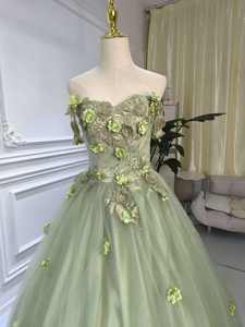 S1730N 新しいスイートプリンセススタイル グリーン オフショルダー 花柄レース プロム 大人用ドレス キラキラ輝くパーティー エレガントなイブニングドレス - Product Image 3