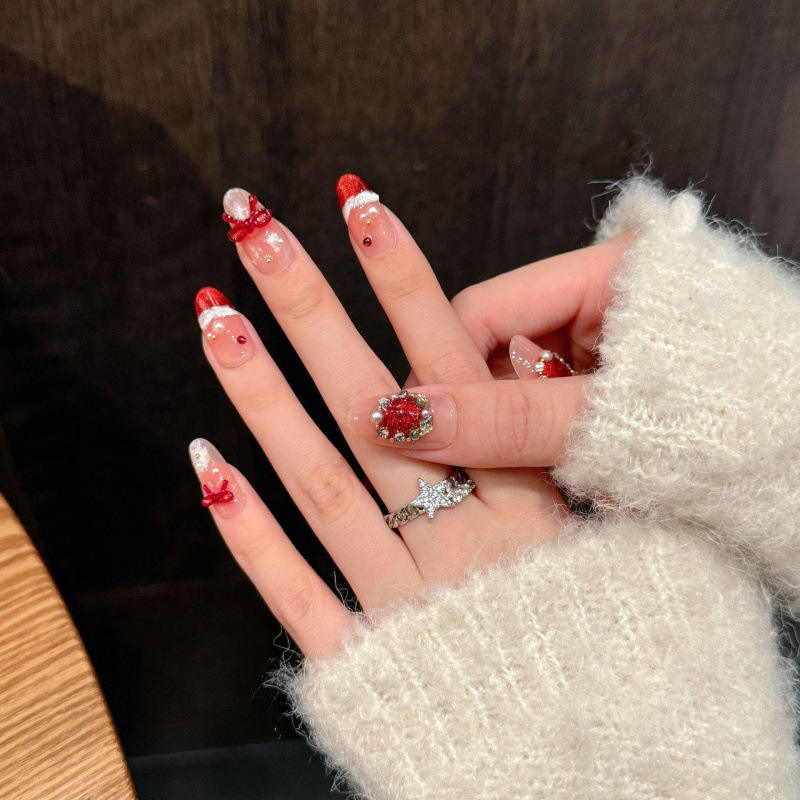 Design #2403 Wholesale Christmas Red Handmade 10pcs Short Oval Artificial Press on Nails Full Cover French Acrylic False Nails