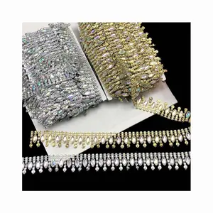diy small gold silver tassel fringe garment costume dress decorative crystal rhinestones acrylic chain trimming ribbon lace trim