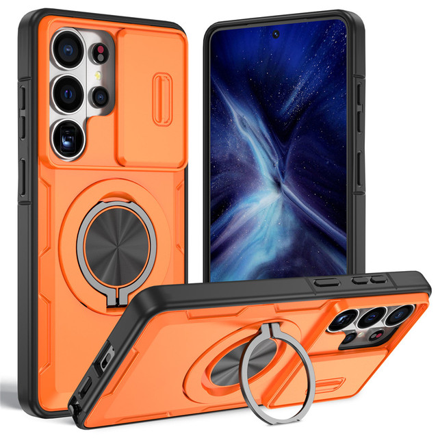 Scratch Resistant TPU PC Phone Case for Samsung S26 S25 Ultra Sliding Camera Shield Built-in Ring Holder Anti-fall Case