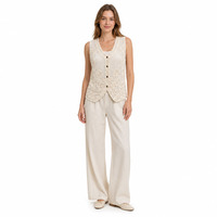 Gilet en crochet personnalisé OEM ODM pour femme, sans manches, tricoté, avec dentelle florale, perles, ourlet à franges, ajouré, pour le bureau et les trajets quotidiens