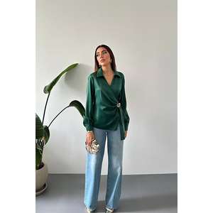 Blusa de Satén con Detalle de Botones Esmeralda, Estilo Vintage a Cuadros, Sólida, Formal para Uso Diario, Primavera, Verano, Otoño, Talla XL, con Encaje para Oficina - Product Image 4