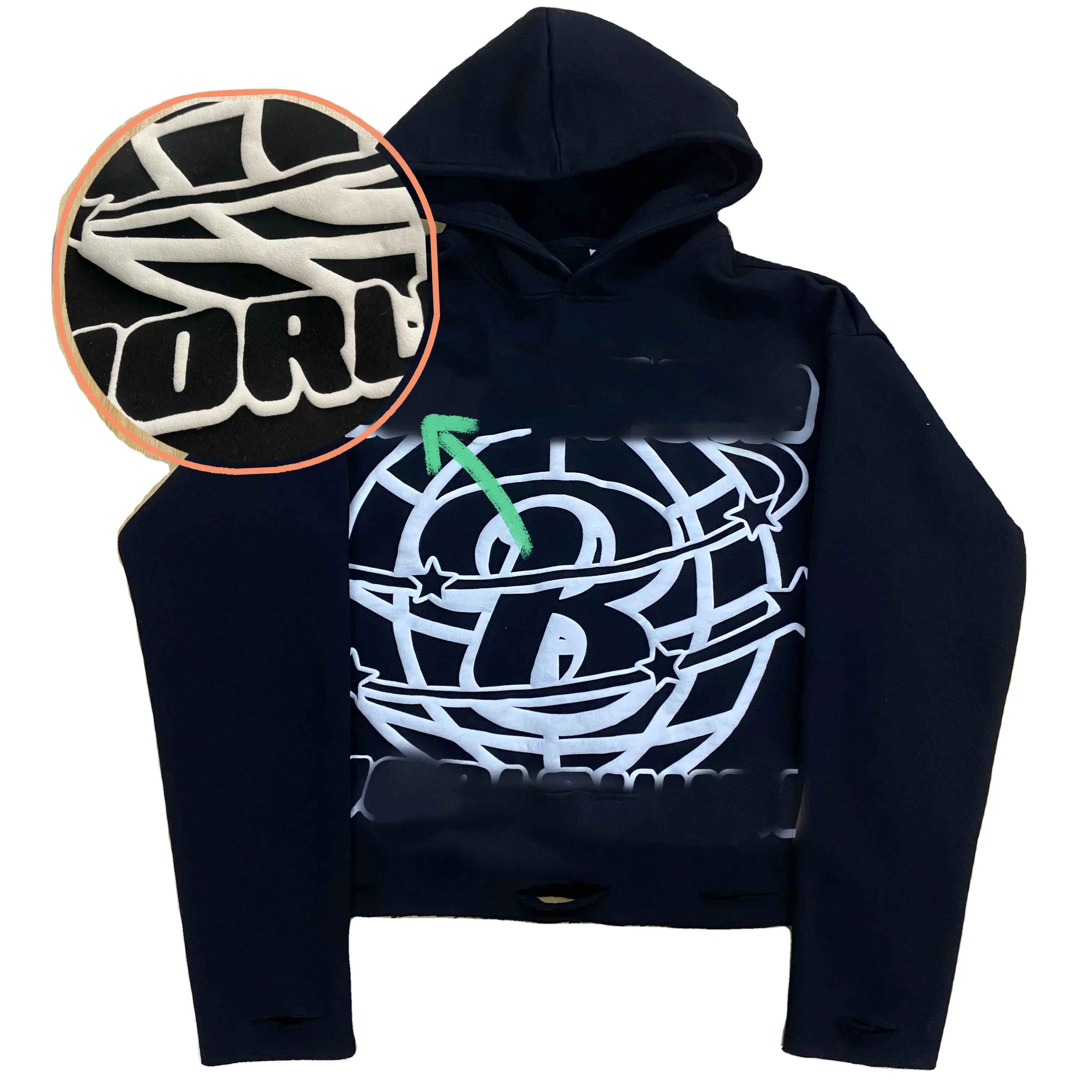 Logo kustom Hoodie pria kelas berat 450 500 600 GSM tanpa tali grafik ukuran besar 3D Puff cetak kotak cocok crop Top untuk pria