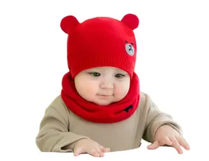 หมวกไหมพรมกันหนาวสำหรับเด็กแรกเกิด,หมวกกันหนาวปกป้องหูหมวก + ผ้าพันคอสำหรับเด็กทารกชุด2ชิ้น/เซ็ต