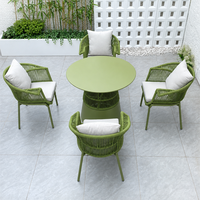 Ensemble de salle à manger de jardin en corde tressée nordique, fauteuils en alliage d'aluminium vert, table ronde, sièges rembourrés, pour extérieur, patio, villa